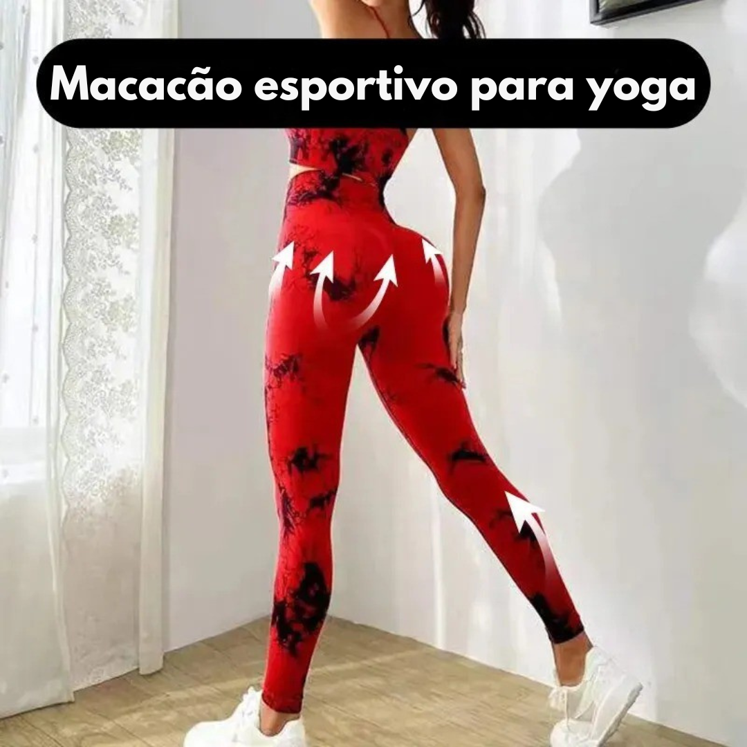 Conjunto yoga, roupa fitness, tie dye, sem costura, top decote suspenso, calça cintura alta, roupa de treino, activewear, conjunto esportivo
