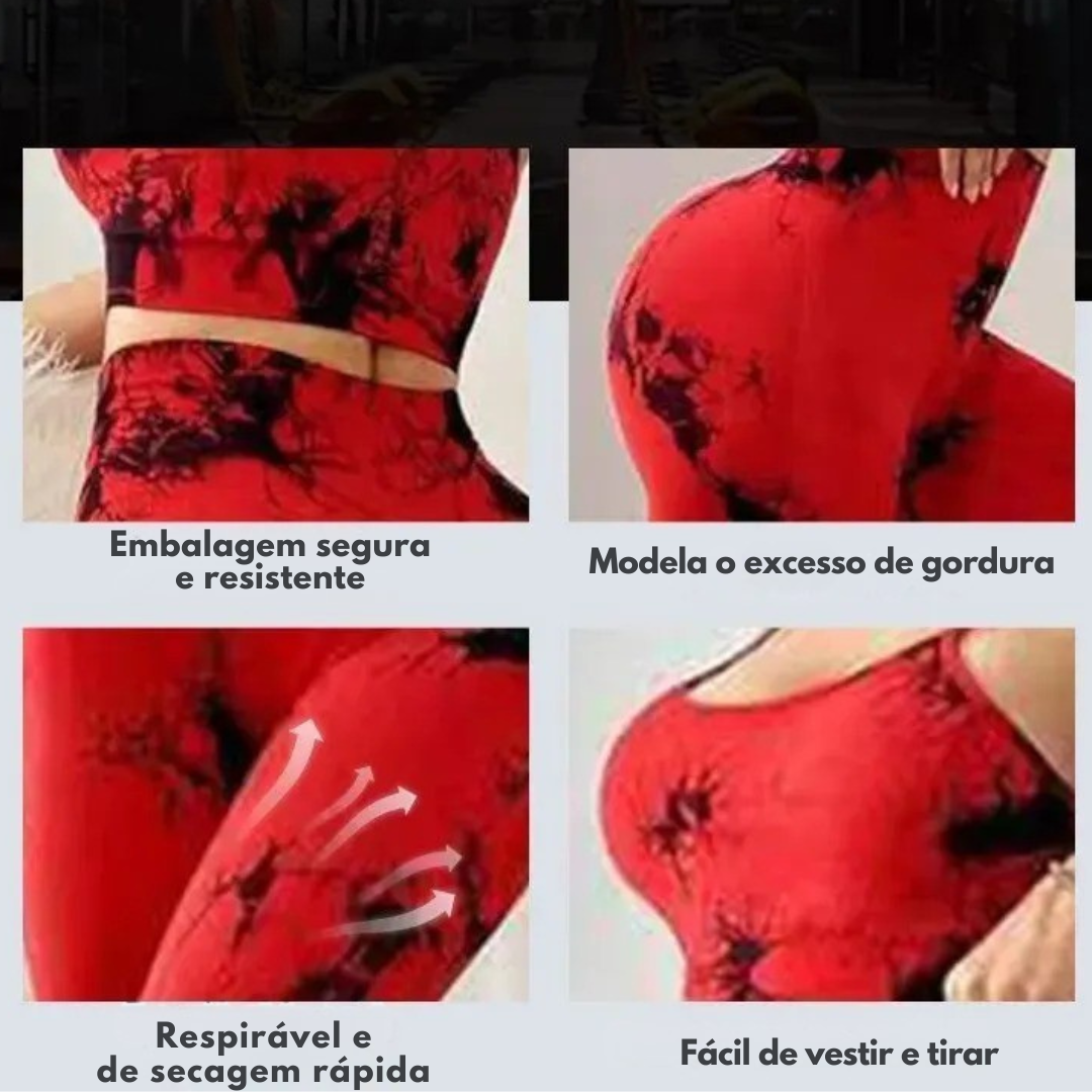 Conjunto yoga, roupa fitness, tie dye, sem costura, top decote suspenso, calça cintura alta, roupa de treino, activewear, conjunto esportivo