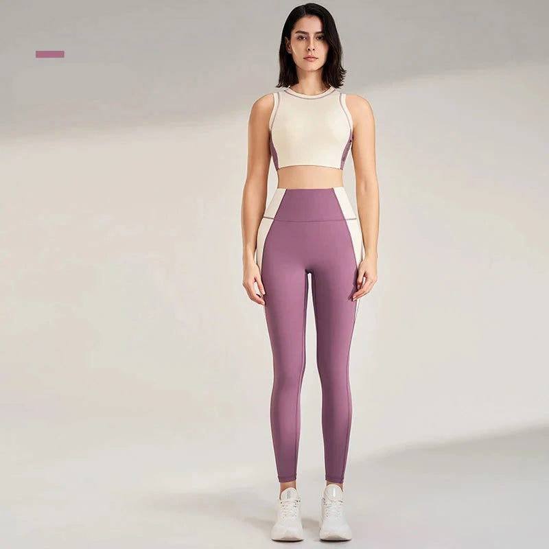 Roupas coloridas de secagem rápida para mulheres, roupa de treino de ginástica, camiseta recolhida, calças apertadas para levantar o quadril