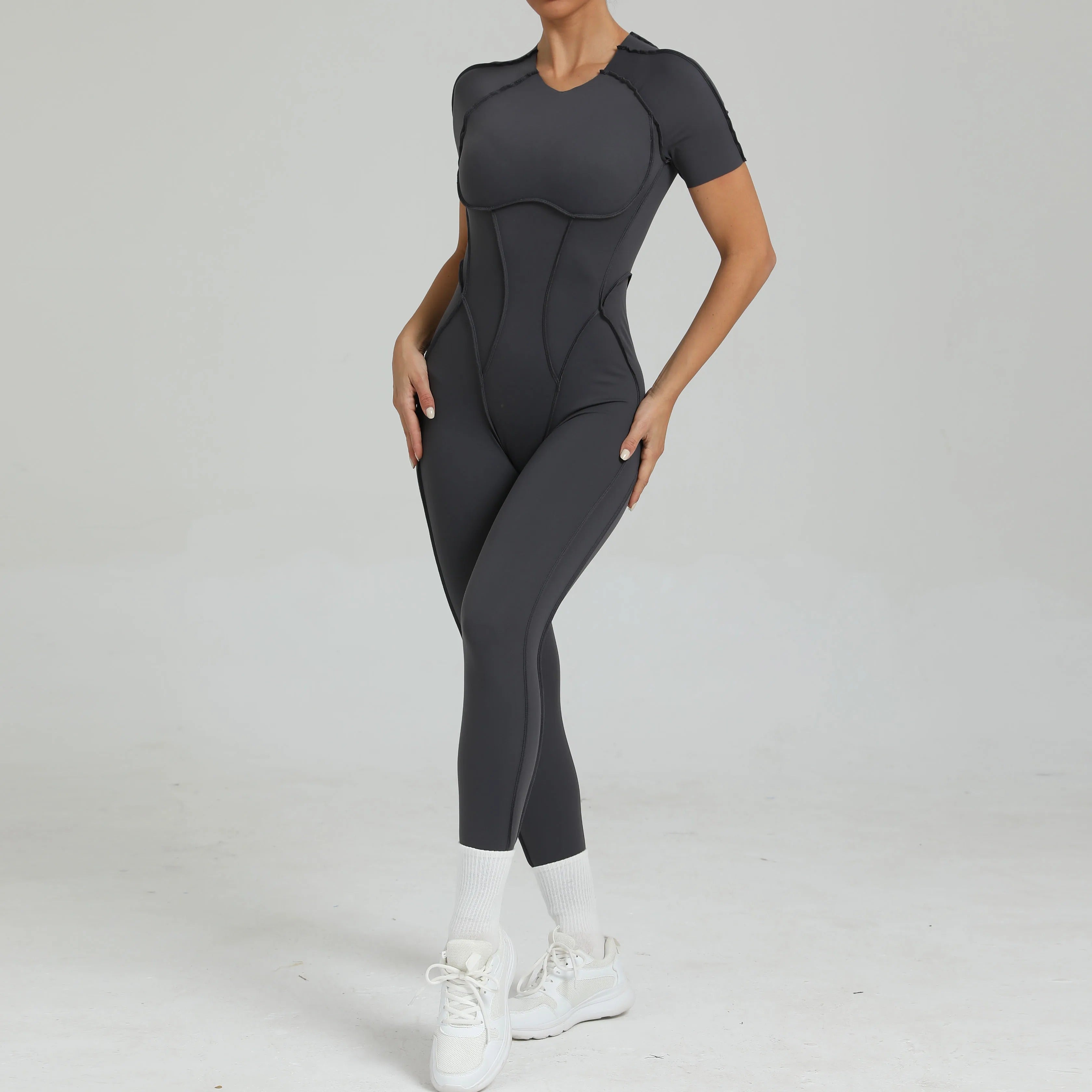 Macacão curto, roupa fitness, roupa de yoga, roupa de ginástica, roupa esportiva, body fitness, manga curta, com zíper, roupa para exercícios, macacão feminino