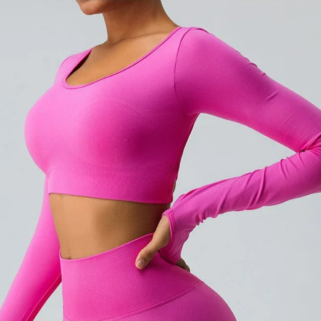 Top fitness feminino, blusa sem costas, manga longa esportiva, roupa de yoga, roupa de treino, activewear feminino, top de ginástica, blusa de corrida, roupa de dança, top de malha