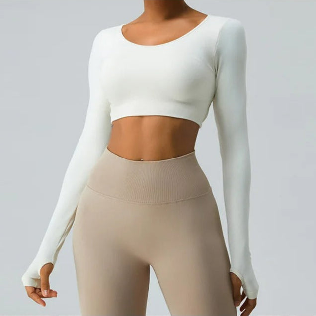 Top fitness feminino, blusa sem costas, manga longa esportiva, roupa de yoga, roupa de treino, activewear feminino, top de ginástica, blusa de corrida, roupa de dança, top de malha