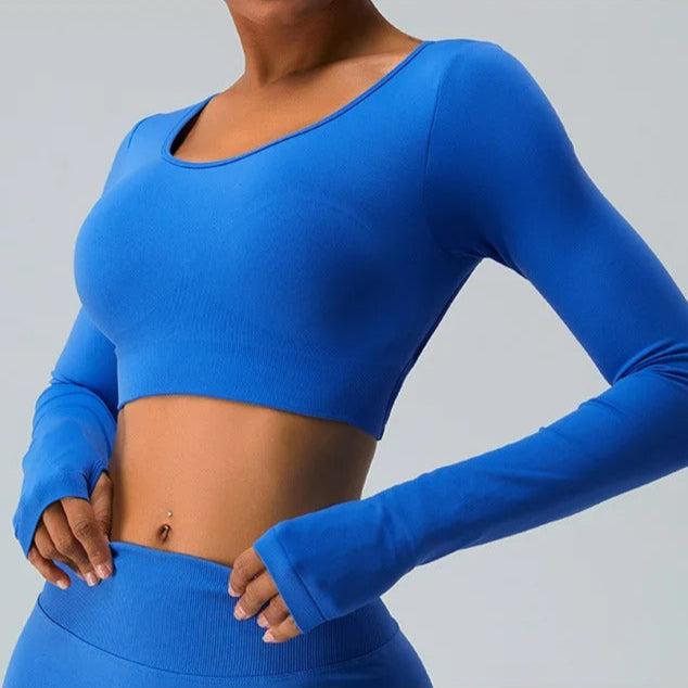 Top fitness feminino, blusa sem costas, manga longa esportiva, roupa de yoga, roupa de treino, activewear feminino, top de ginástica, blusa de corrida, roupa de dança, top de malha