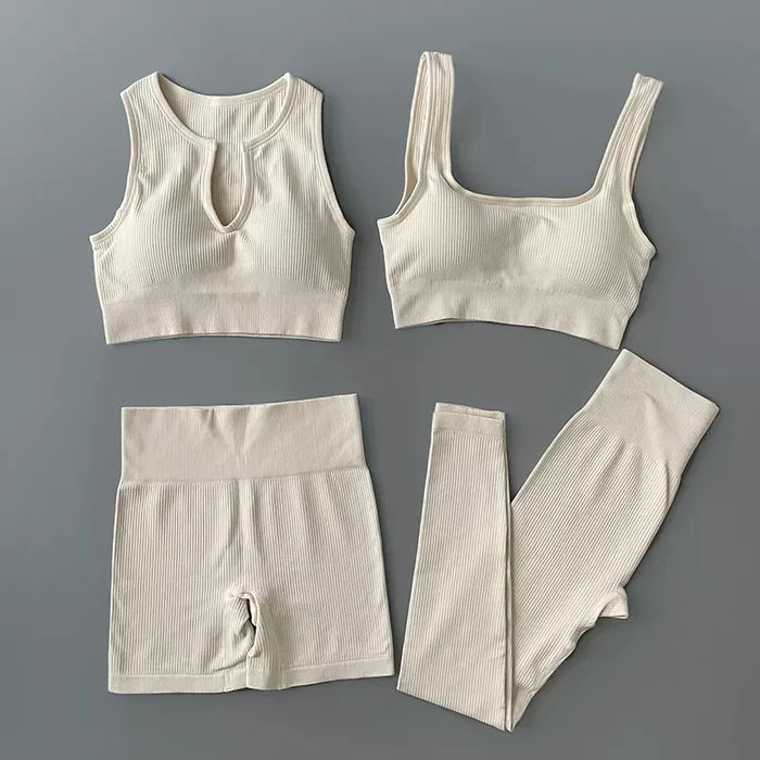 Kit 4 Peças Conjunto Legging Canelado Yoga Fitness | Calça + Short + 2 Top - Yogai