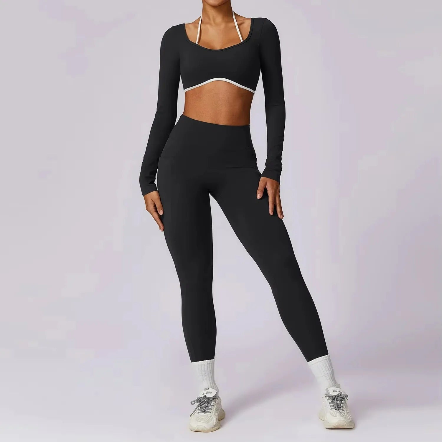 Conjunto yoga feminino, roupa esportiva, calça legging, top manga longa, push up, roupa de treino, activewear, roupa de ginástica, conjunto fitness, roupa de corrida