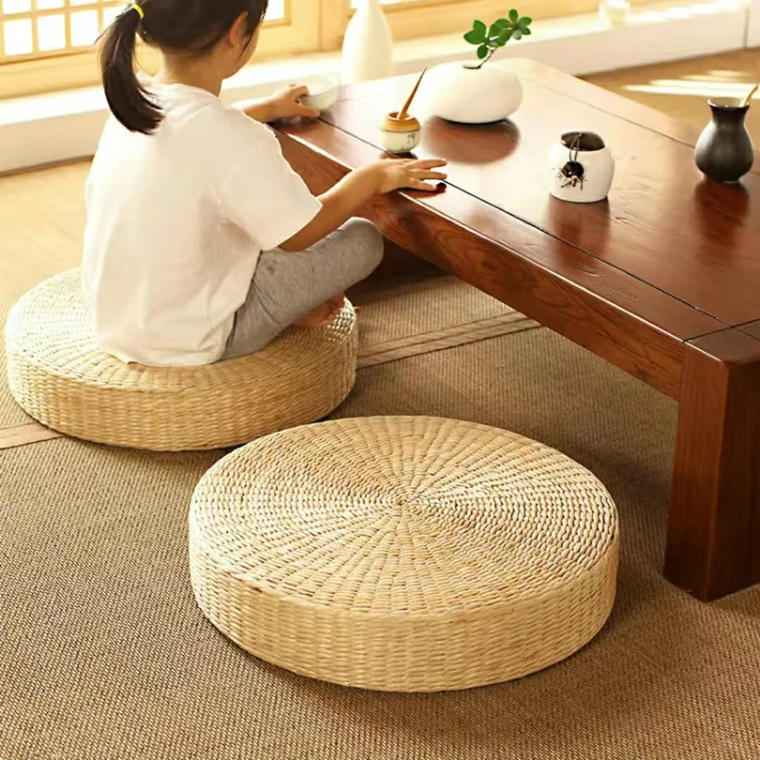 Pufê de chão, almofada de palha, tatami redondo, estilo japonês, artesanal, decoração natural, assento de meditação, almofada de chão, textil para casa