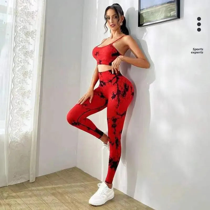 Conjunto yoga, roupa fitness, tie dye, sem costura, top decote suspenso, calça cintura alta, roupa de treino, activewear, conjunto esportivo