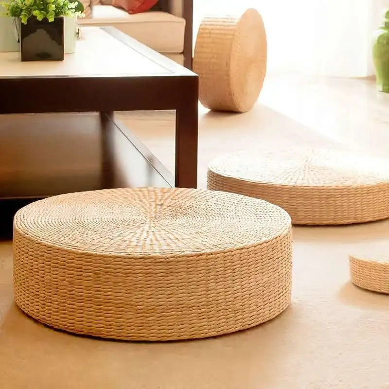 Pufê de chão, almofada de palha, tatami redondo, estilo japonês, artesanal, decoração natural, assento de meditação, almofada de chão, textil para casa