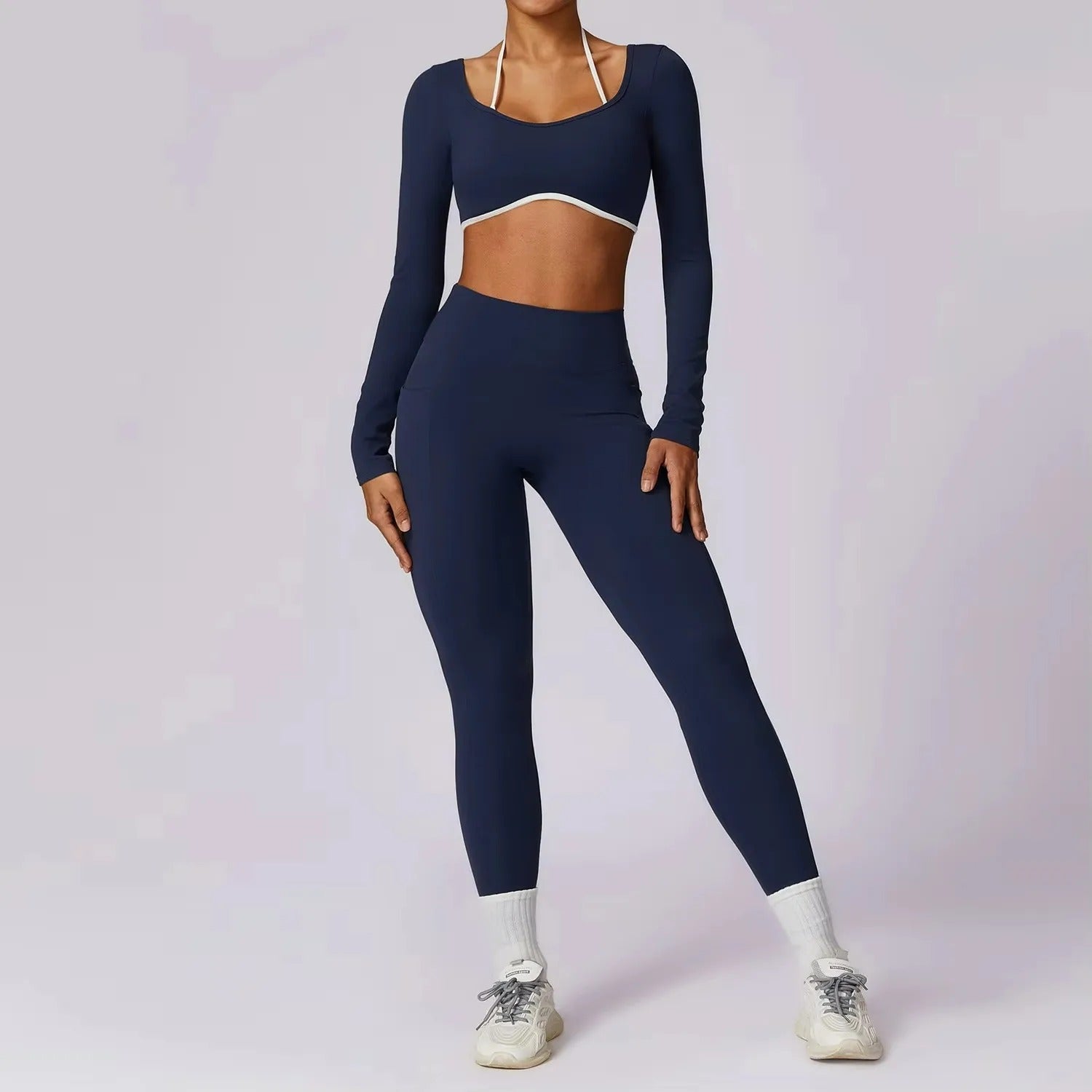 Conjunto yoga feminino, roupa esportiva, calça legging, top manga longa, push up, roupa de treino, activewear, roupa de ginástica, conjunto fitness, roupa de corrida