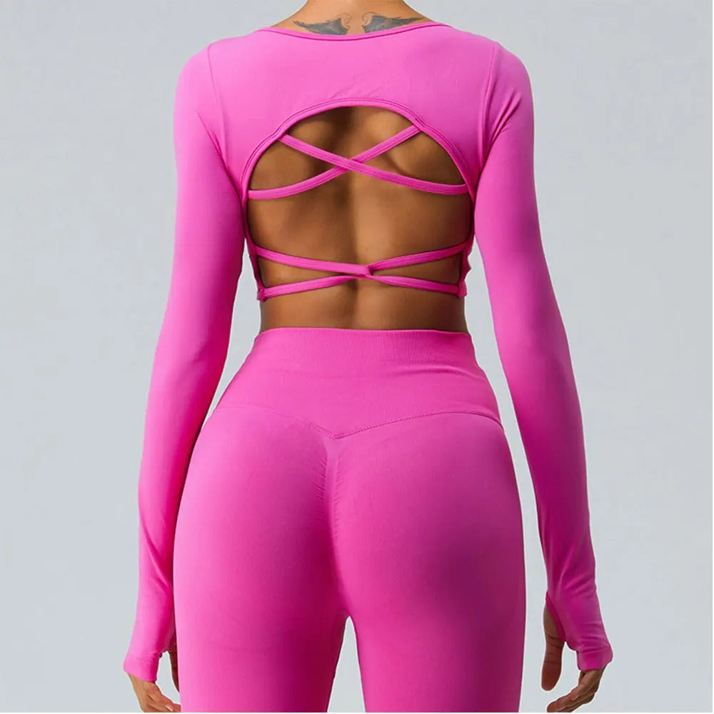Top fitness feminino, blusa sem costas, manga longa esportiva, roupa de yoga, roupa de treino, activewear feminino, top de ginástica, blusa de corrida, roupa de dança, top de malha