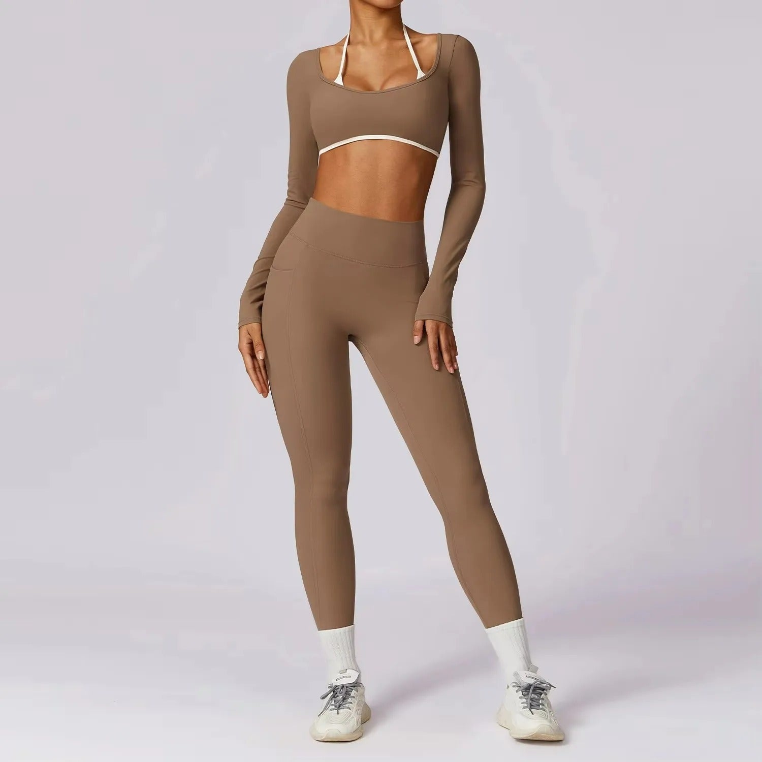 Conjunto yoga feminino, roupa esportiva, calça legging, top manga longa, push up, roupa de treino, activewear, roupa de ginástica, conjunto fitness, roupa de corrida