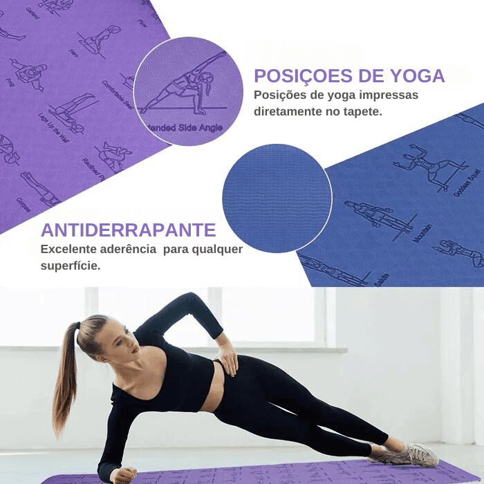 Tapete de Yoga TPE Antiderrapante 6mm Com Posições de Yoga, Durável e Contra Rasgo - Yogai
