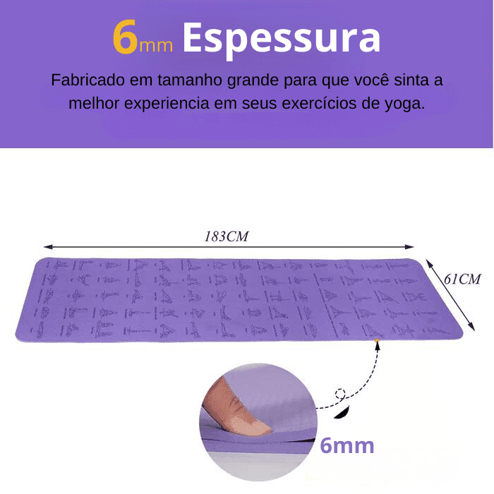 Tapete de Yoga TPE Antiderrapante 6mm Com Posições de Yoga, Durável e Contra Rasgo - Yogai